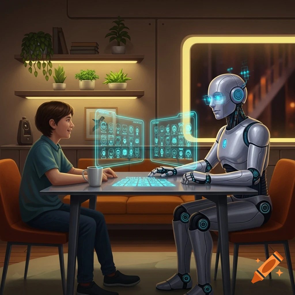 A young boy and a silver robot sit at a table playing the board game 'Guess Who?' with glowing holographic screens.