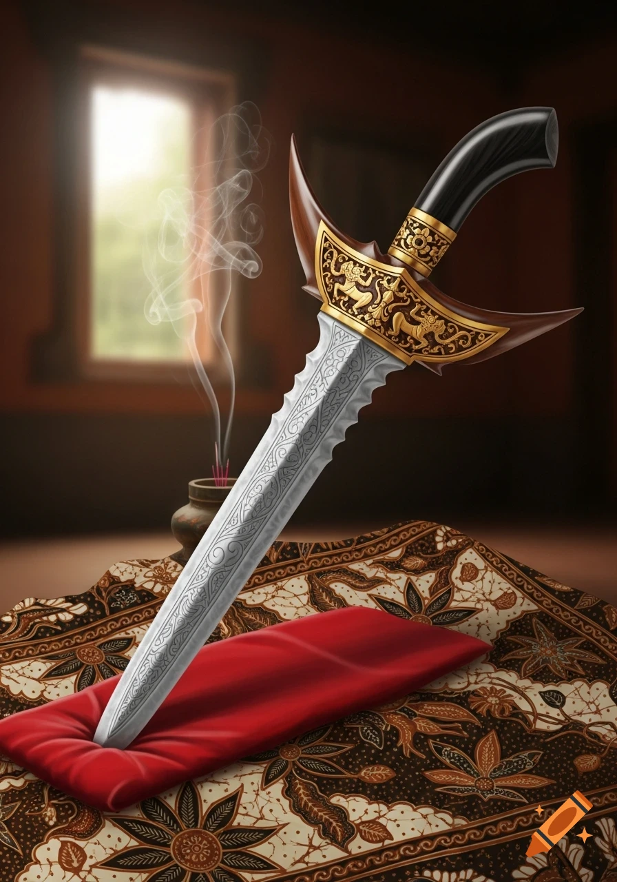A detailed illustration of an ornate keris dagger, standing upright in a red cloth on batik fabric, with incense smoke rising in the background.
