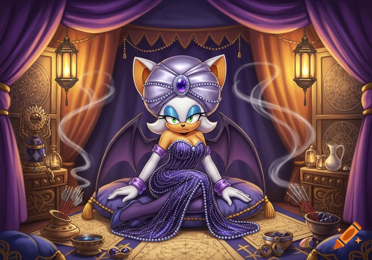 Rouge the Bat, dressed as a fortune teller, sits on a purple cushion in an ornate tent, wearing a pearl-studded purple dress and turban, surrounded by mystic items and glowing lanterns.