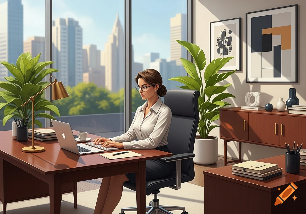 A professional woman in a white shirt and skirt working on a laptop in a modern office with a city view.