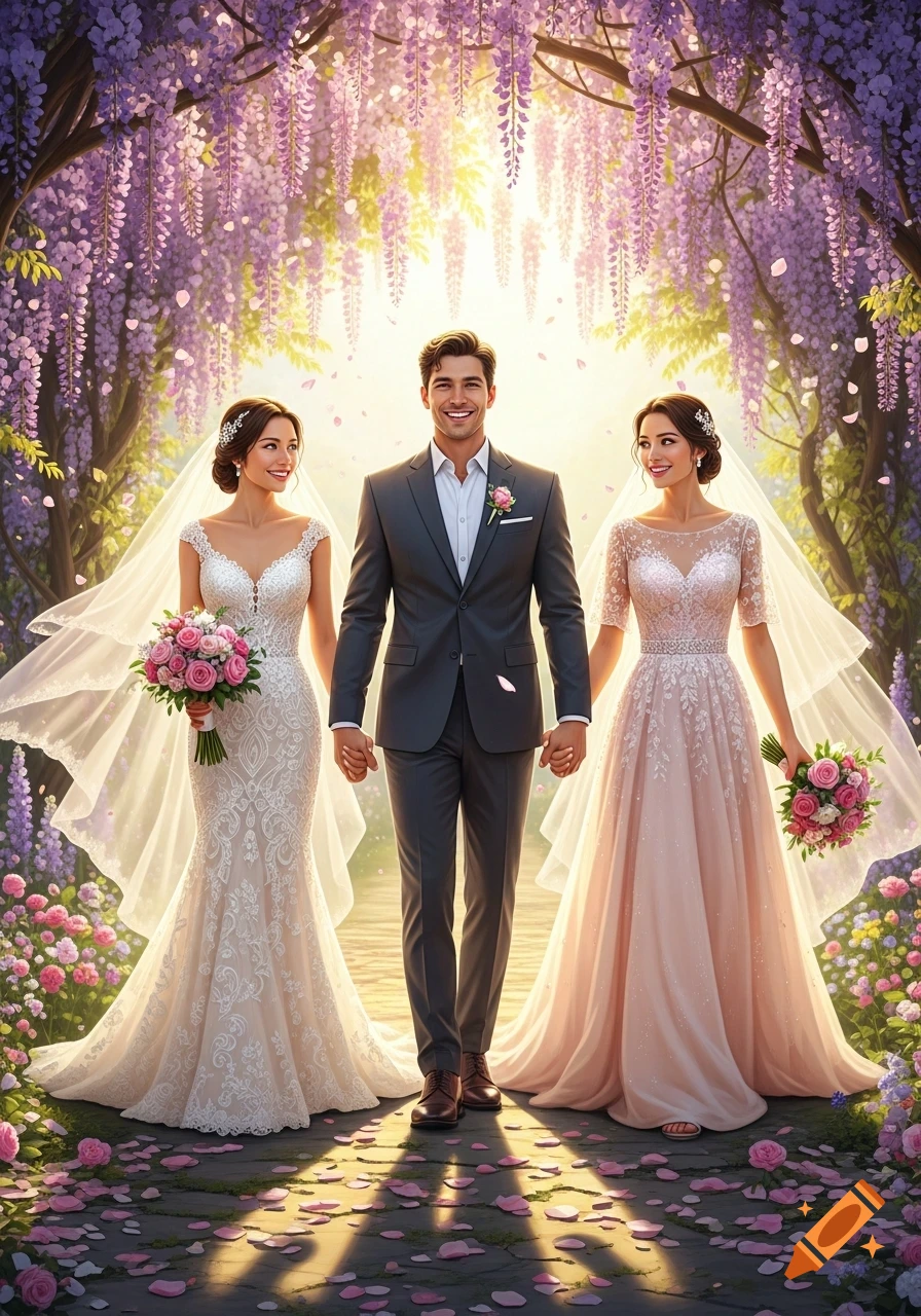 A smiling groom walks hand-in-hand with two brides in an ethereal wisteria garden wedding.