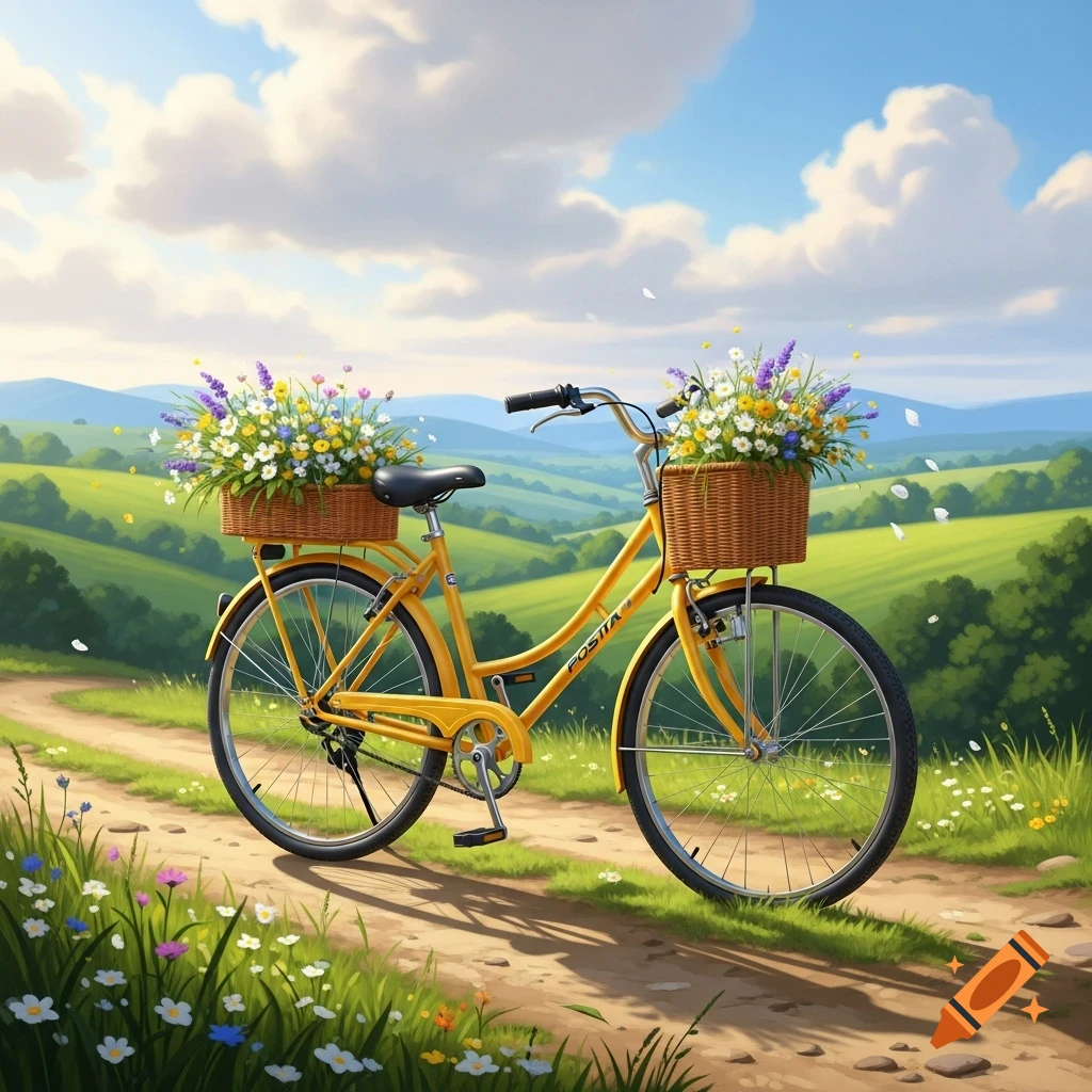 Yellow bicycle with baskets of colorful flowers on a dirt path, set against rolling green hills and a blue sky.