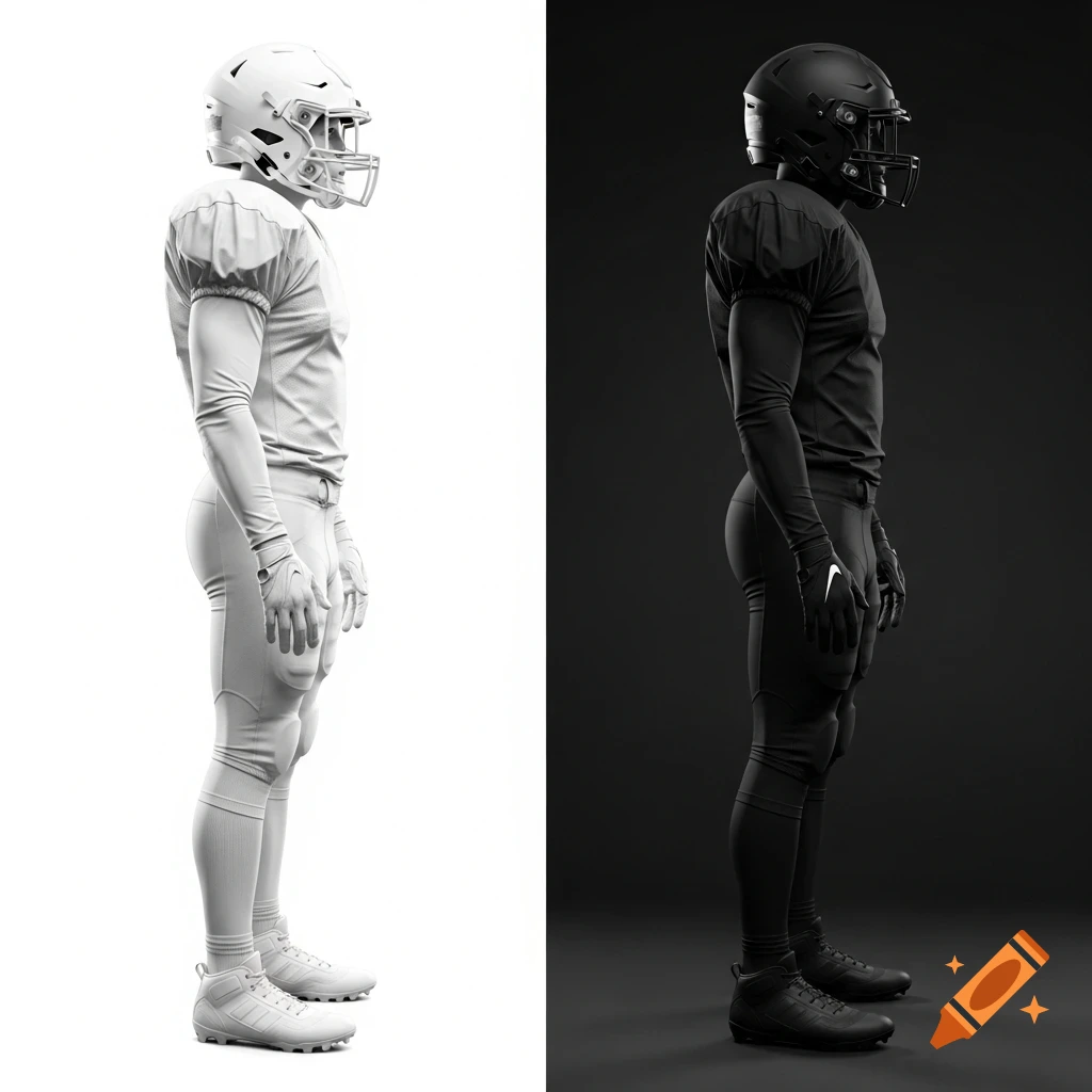 Two football players stand in profile; one in white uniform on white, one in black uniform on black.