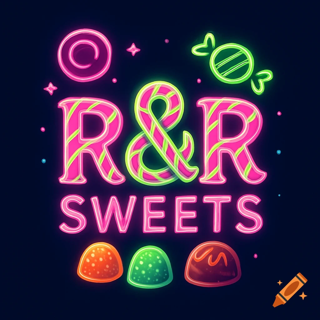 A vibrant neon logo for "R & R Sweets" featuring glowing pink and green text, stars, and three colorful candies at the bottom on a dark background.