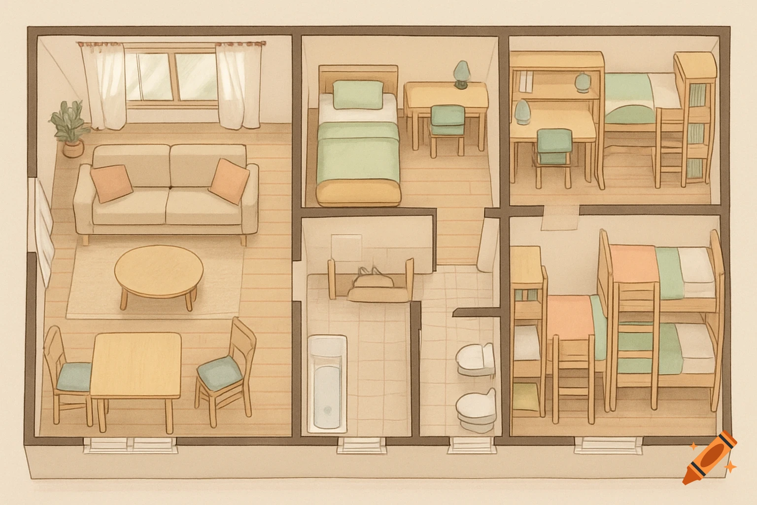 Illustrated floor plan of a small rectangular house featuring living, dining, bathroom, single and bunk beds, and study areas.