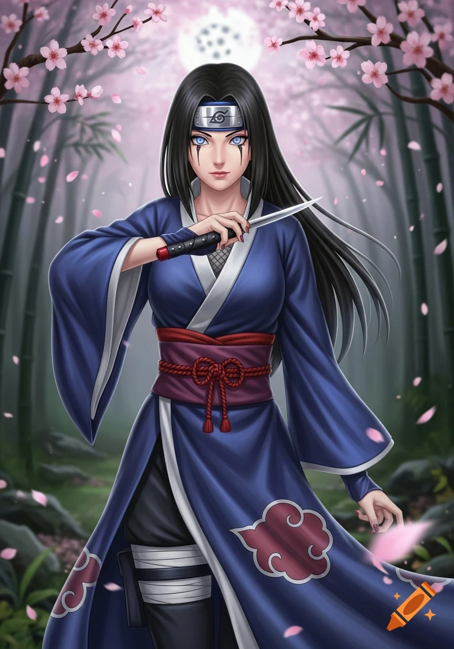 Anime woman with long dark hair, blue eyes, and a headband, wearing a blue kimono-like outfit and holding a kunai knife in a cherry blossom forest.