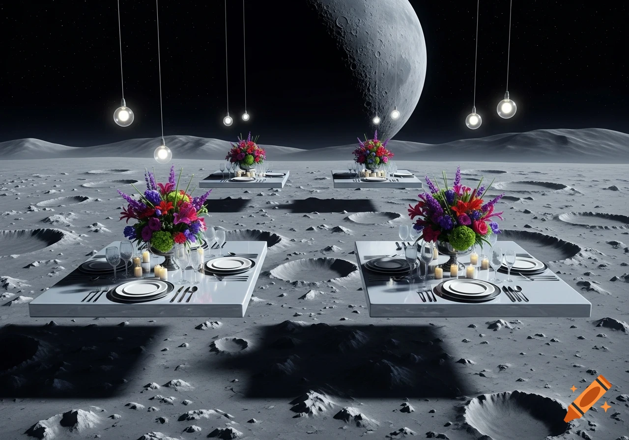 Elegant dining tables with colorful floral arrangements floating on the cratered lunar surface under hanging lights, with a large moon in the background.