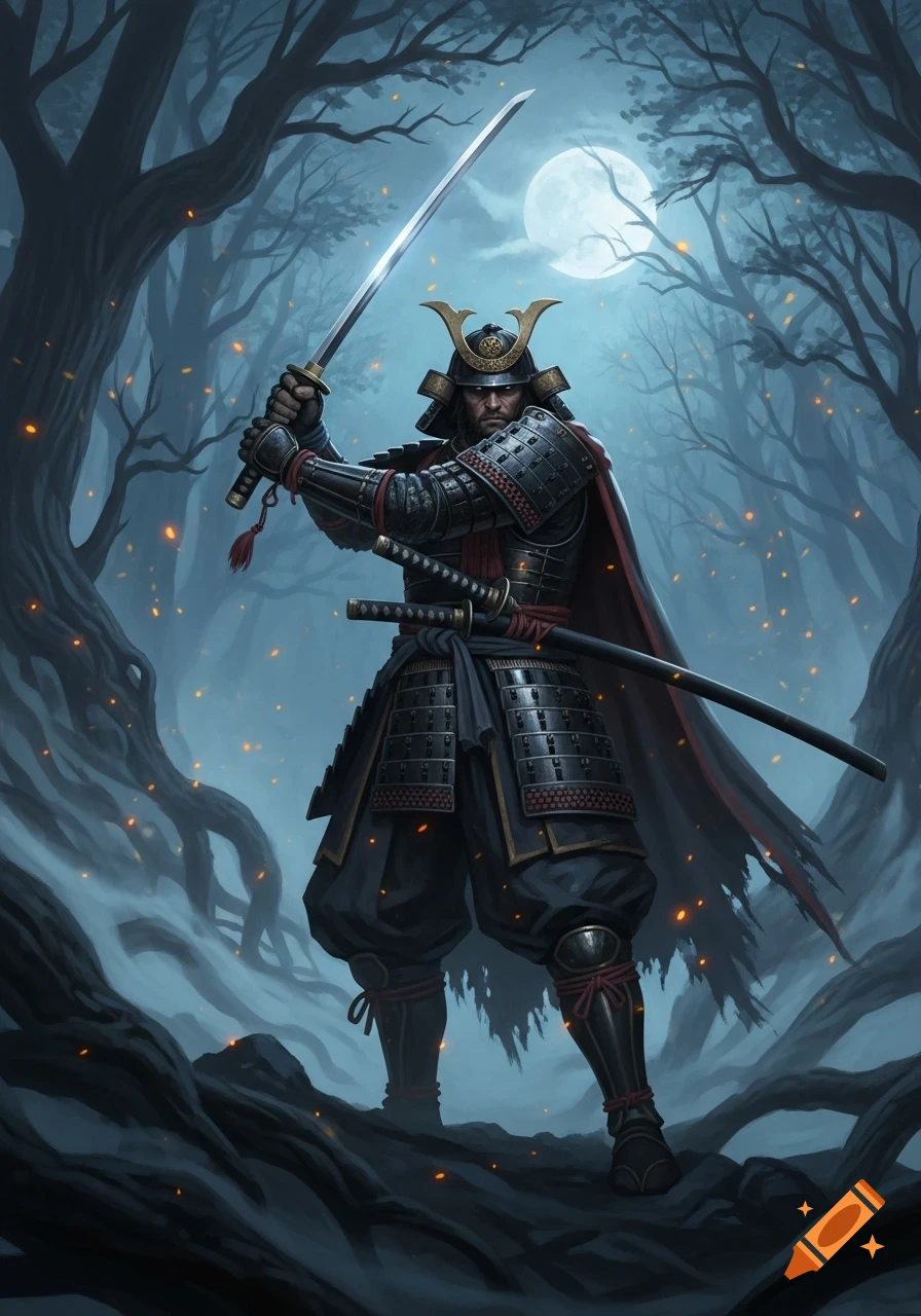 A lone samurai in full armor holds a katana in a dark, misty forest under a full moon.