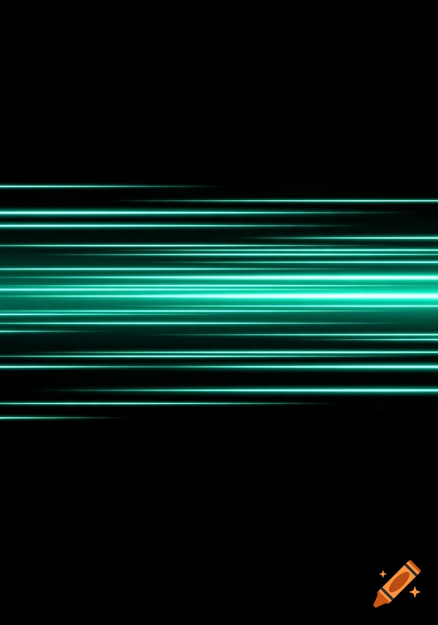 Horizontal turquoise light trails streak across a black background, conveying a sense of speed.