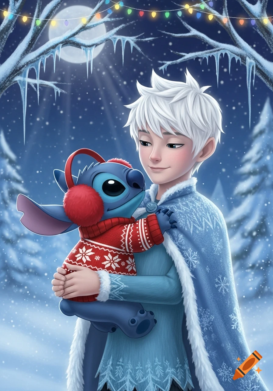 Jack Frost gently holds Stitch, who wears a red Christmas sweater and earmuffs, against a snowy winter night with a full moon and colorful lights.