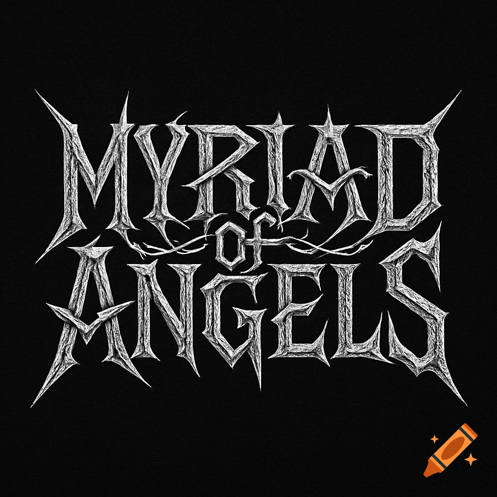 A white, jagged, textured metal band logo for 'MYRIAD of ANGELS' on a black background.