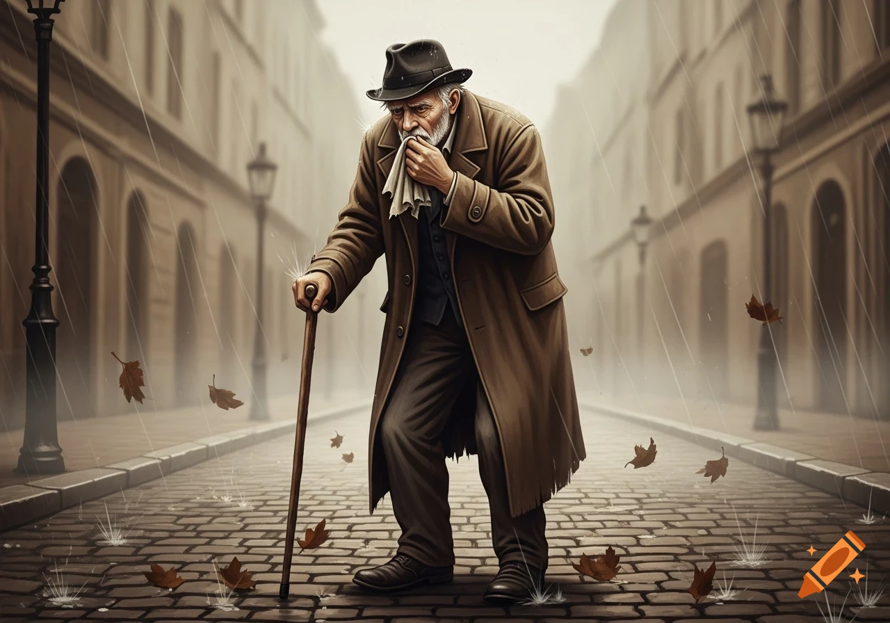 An old man with a beard and fedora walks down a cobblestone street in the rain, wiping his face with a cloth and leaning on a cane.