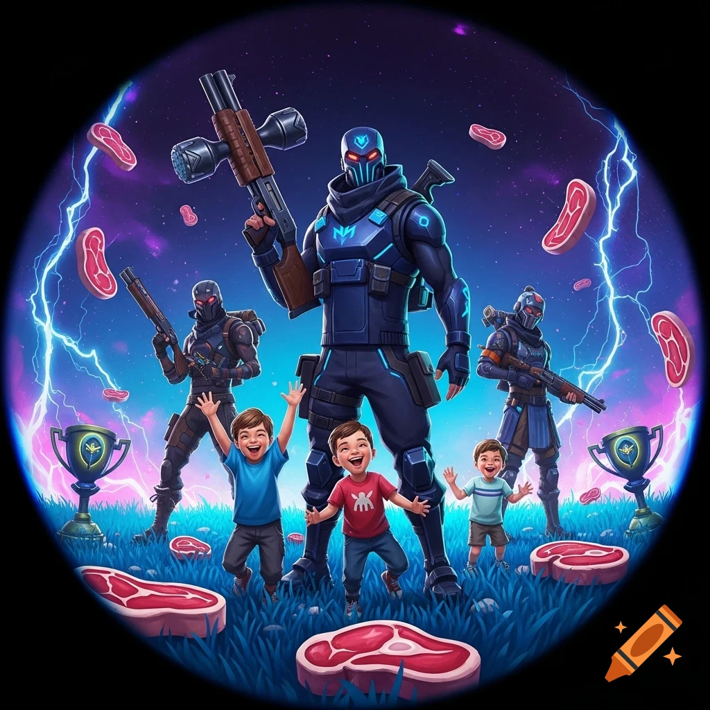Fortnite characters and children stand in a field with floating steaks and lightning in a stylized art style.