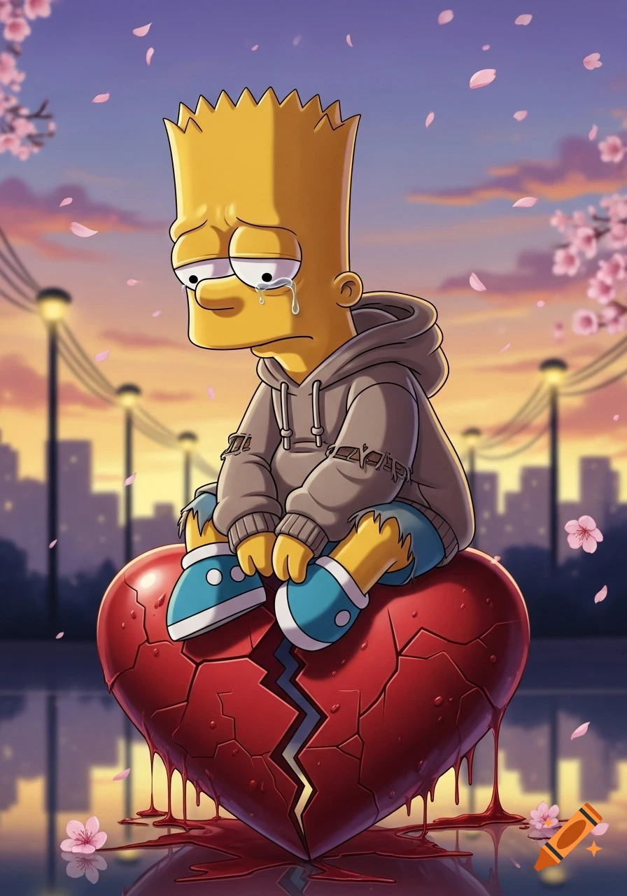 Cartoon Bart Simpson in an oversized hoodie cries on a broken, bleeding heart at sunset with cherry blossoms.