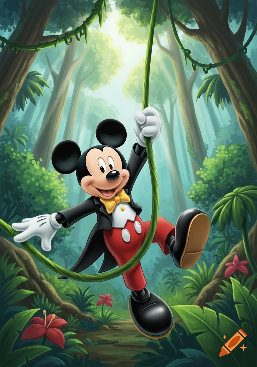 Mickey Mouse in a tuxedo and red shorts swings on a green vine in a lush, sun-drenched jungle.