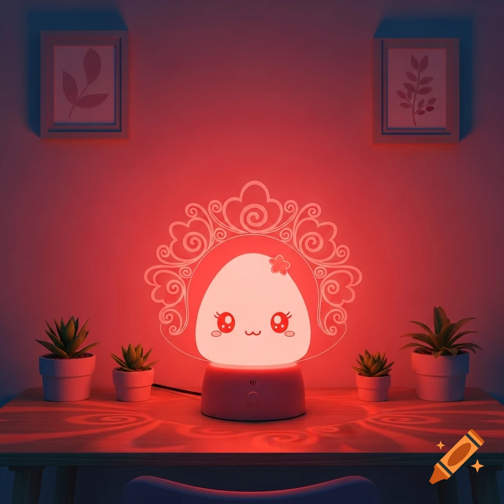 Kawaii red mushroom-shaped night light glowing on a wooden table with potted succulents and framed botanical art.