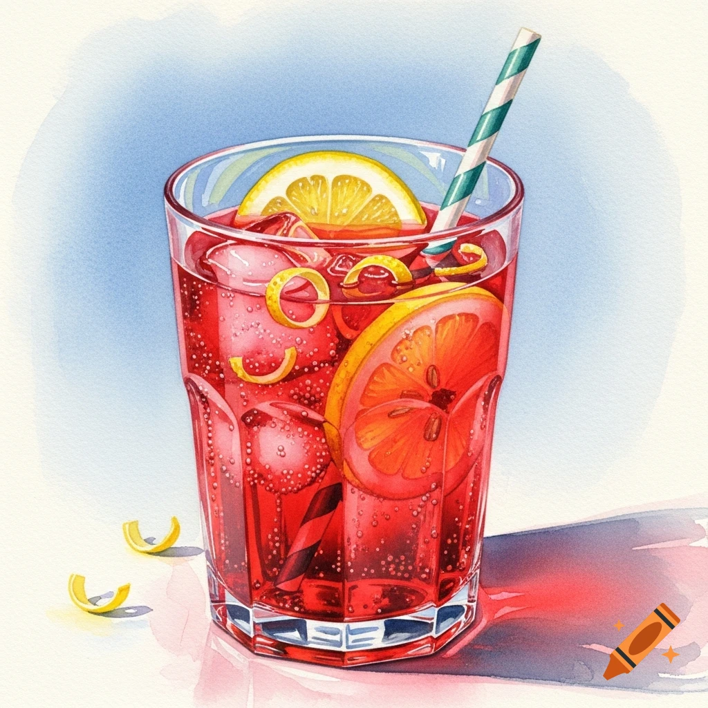 Watercolor painting of a red drink in a glass with lemon slices, peels, ice, and a green and white striped straw.
