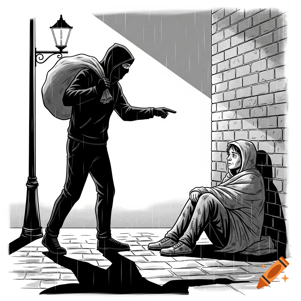 Black and white illustration of a hooded thief pointing at a person wrapped in a blanket sitting by a brick wall in the rain.