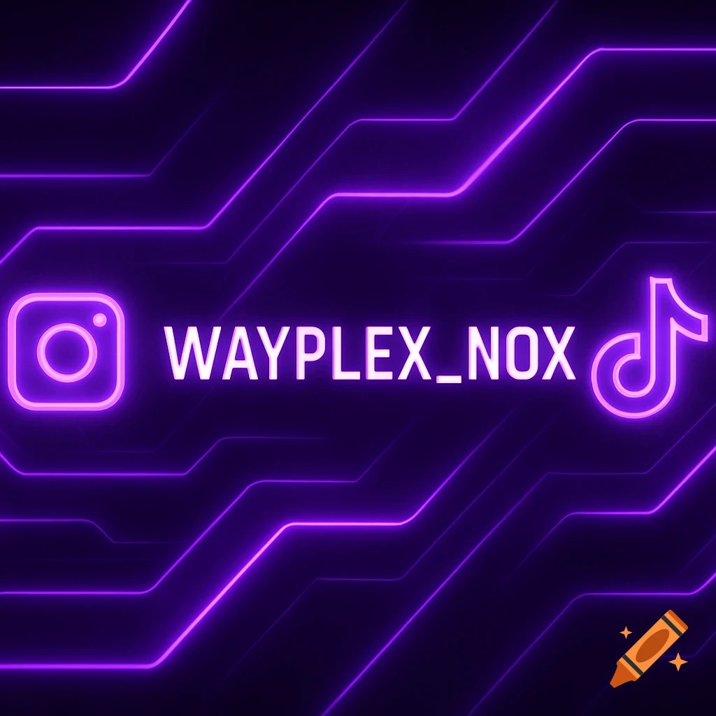 Glowing purple neon Instagram and TikTok icons with the username WAYPLEX_NOX on a dark, futuristic circuit board background.