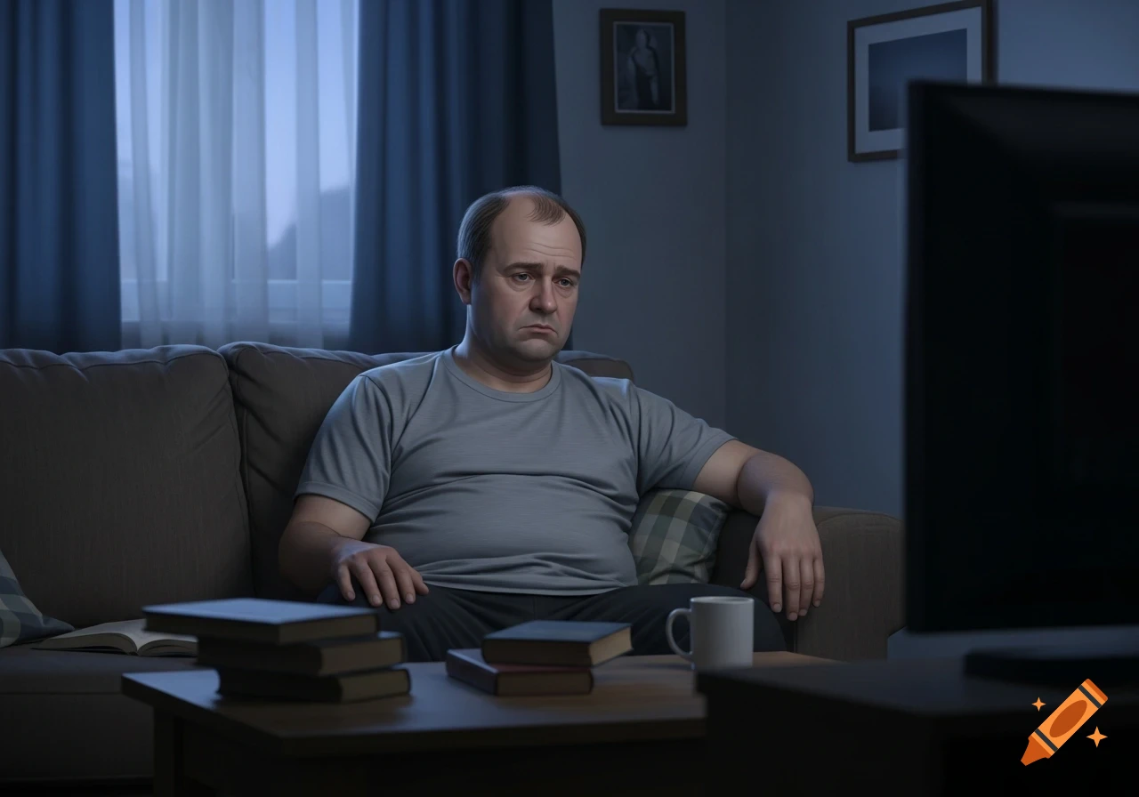 A balding, sad man in a grey t-shirt sits on a brown couch in a dimly lit living room, looking at a TV.