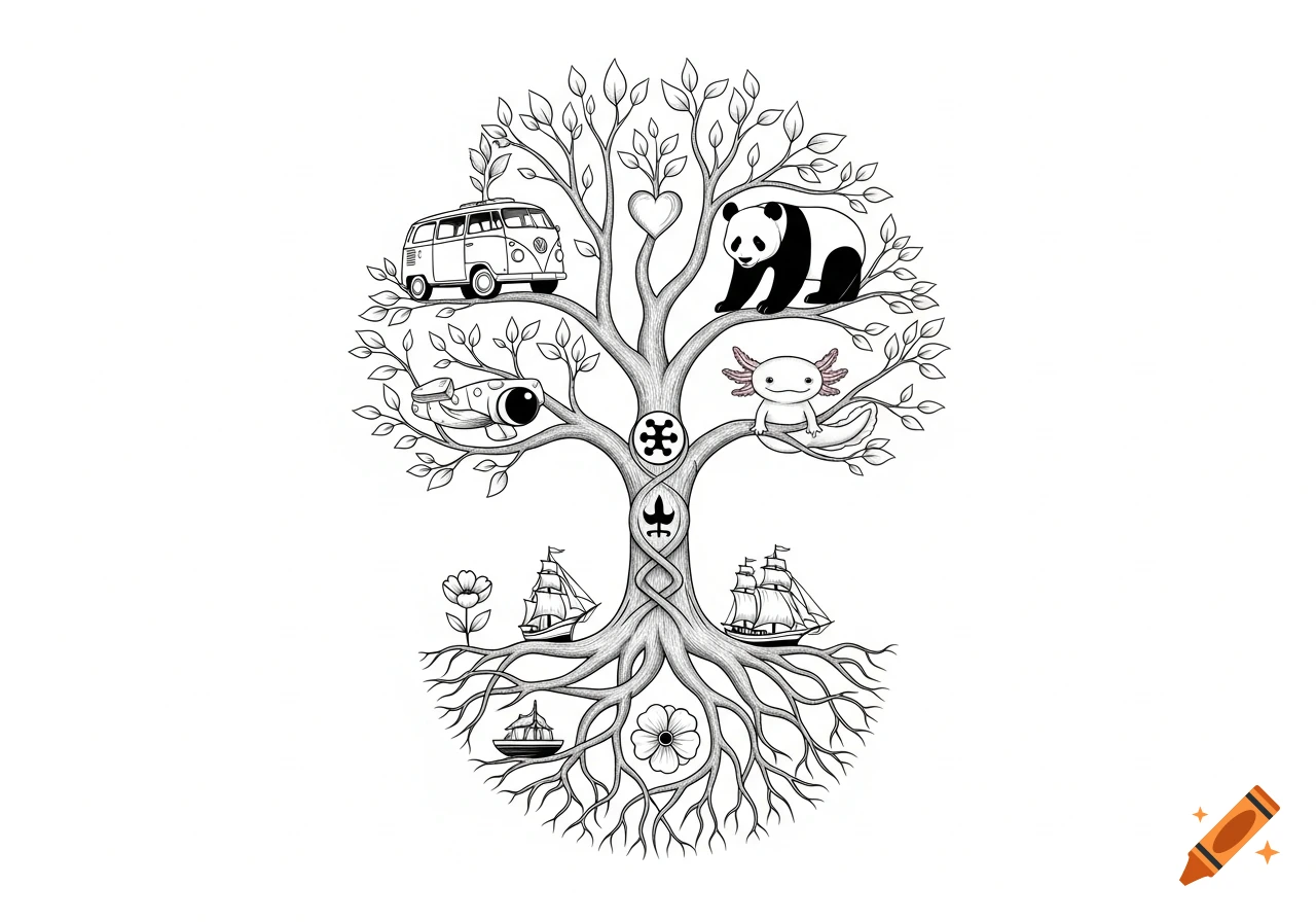A minimalist black and white line art illustration of a tree of life. It features a VW bus, an airplane, a panda, an axolotl, a heart, ships, flowers, and abstract symbols integrated into its branches and roots.