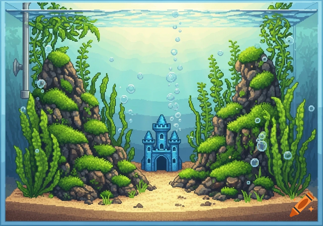 Pixel art of an empty aquarium with rocky mounds covered in green moss, tall plants, and a small blue castle decoration.