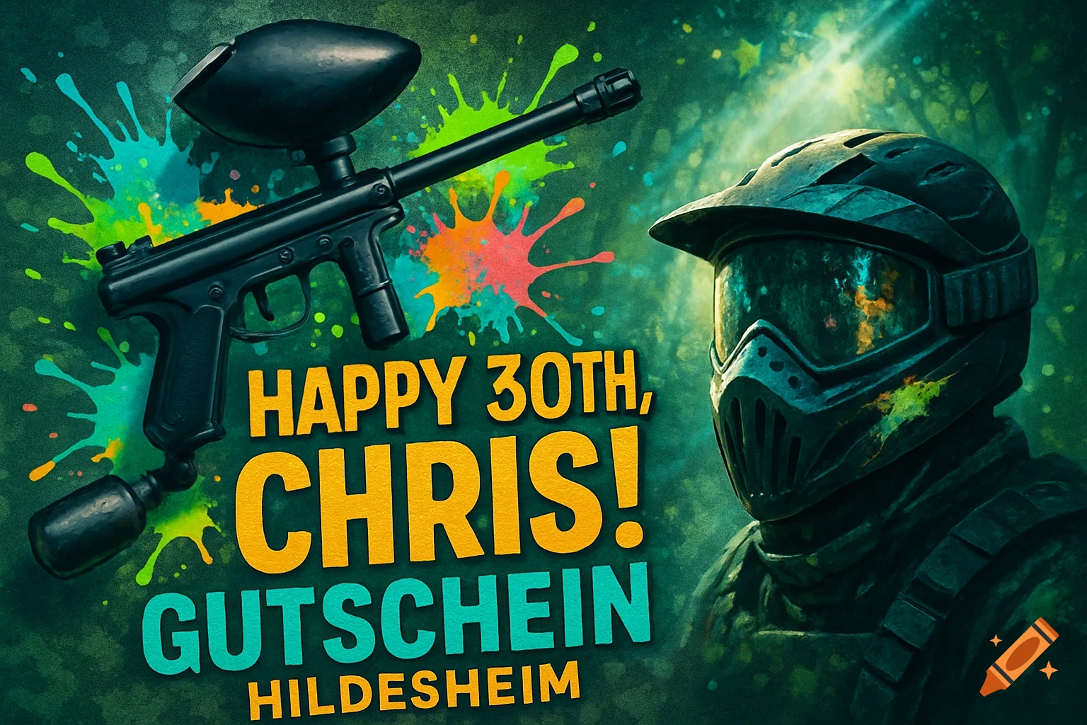 A vibrant illustration for a paintball voucher featuring a paintball gun, colorful paint splatters, a person in a paintball mask, and birthday text.