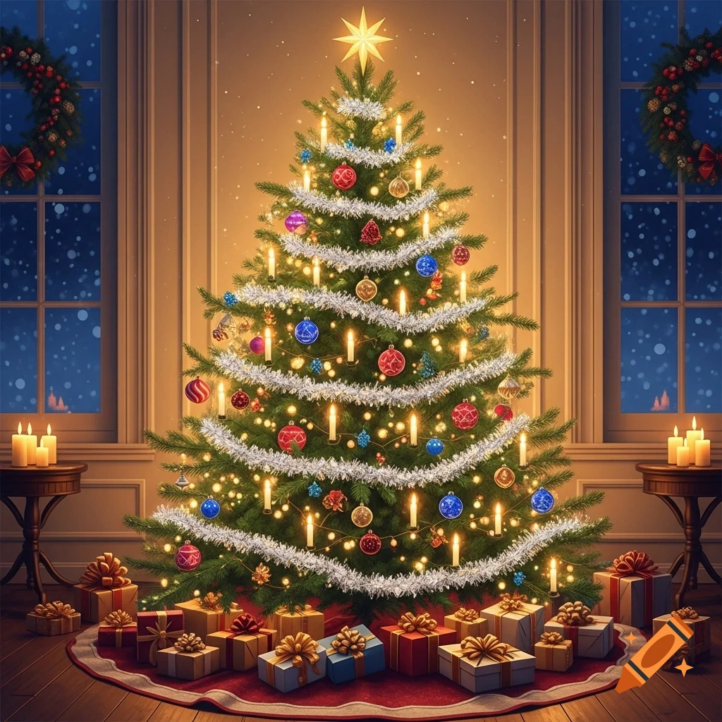 A fully decorated Christmas tree with glowing candles, ornaments, and tinsel, surrounded by wrapped presents in a festive room with snowy windows.