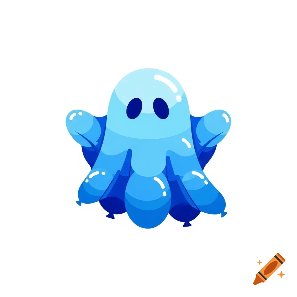 A cute light blue gradient ghost figure made of balloons on a white background, in a cartoon style.
