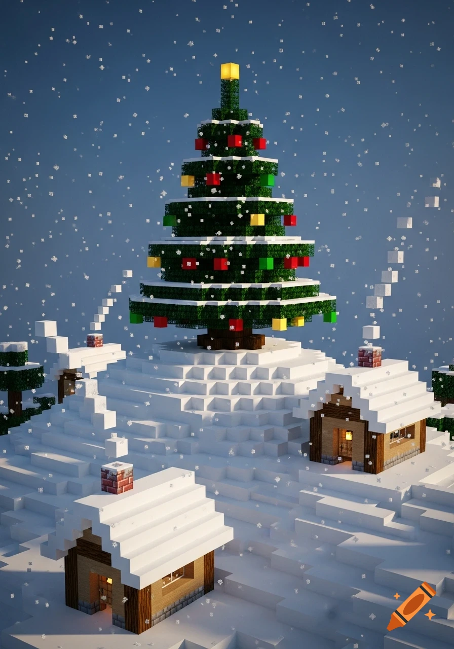 A blocky, Minecraft-style winter wonderland scene with a tall Christmas tree, small snow-covered houses, and falling snow.