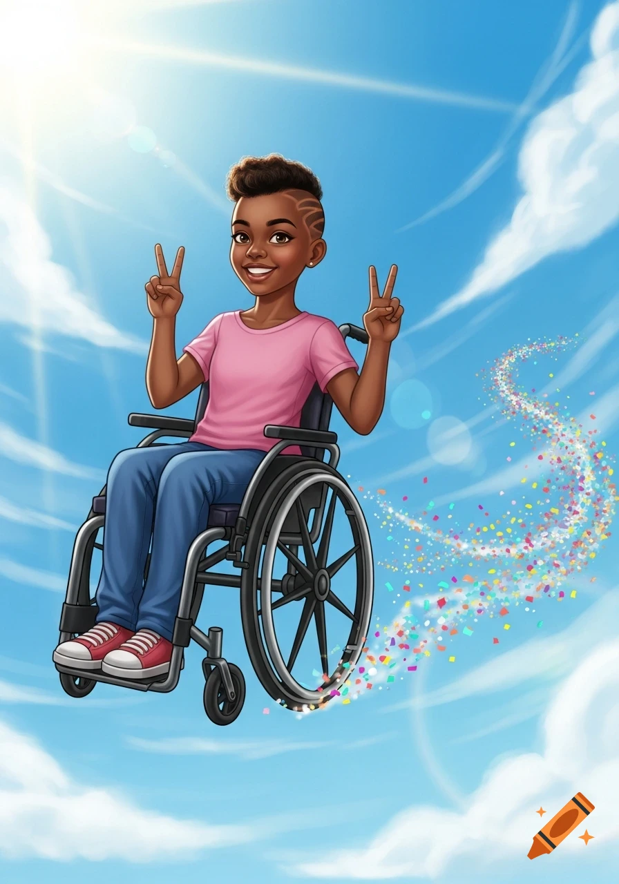 A smiling Black girl in a wheelchair gives peace signs while floating in a bright blue sky with confetti.