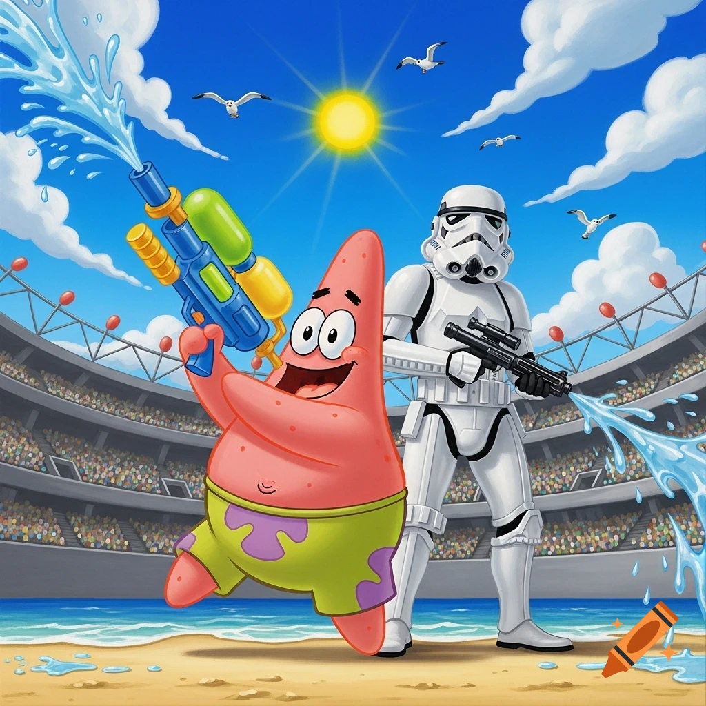 Cartoon of Patrick Star with a water gun and a Stormtrooper on a sunny beach, in front of a stadium.