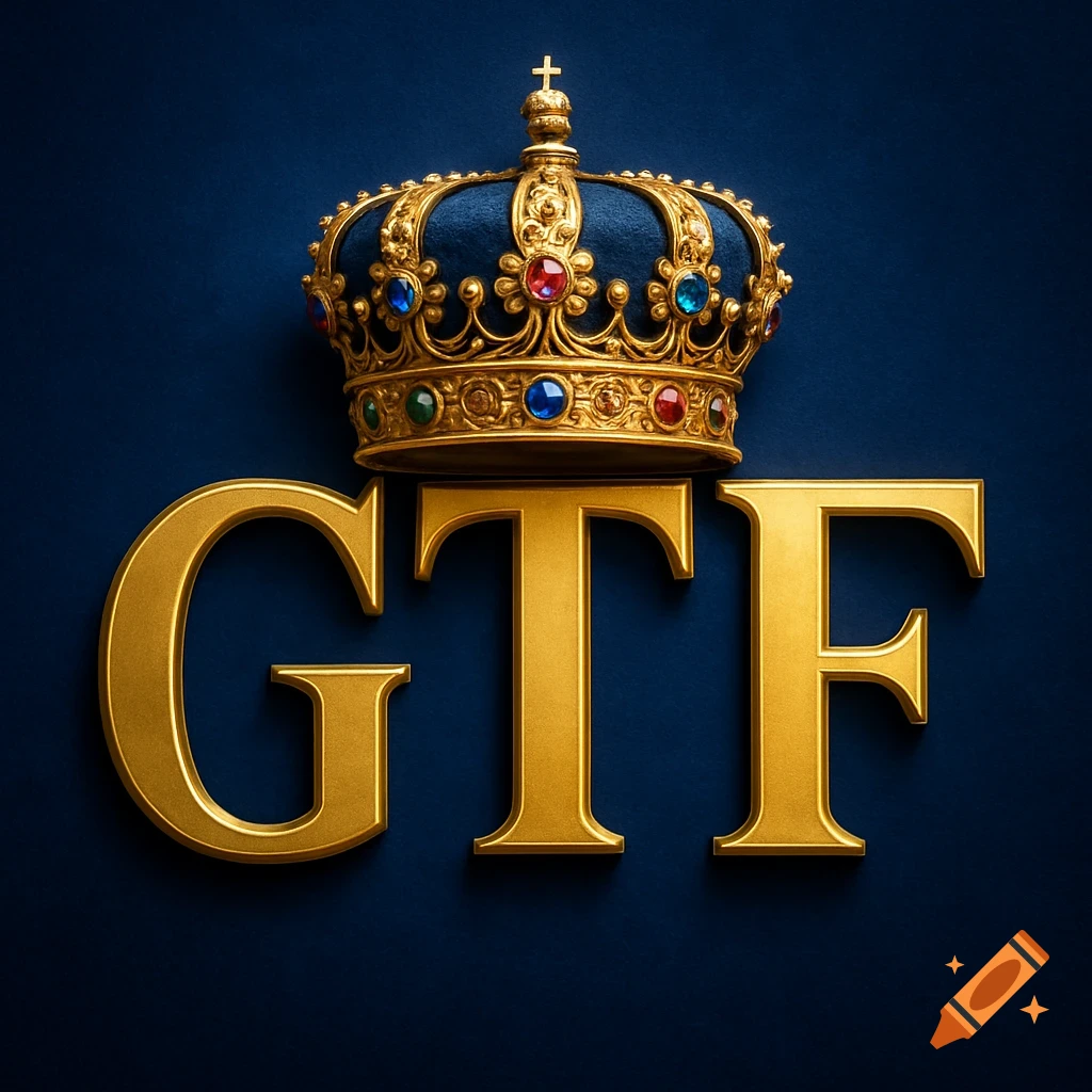 Three gold embossed letters GTF with a jeweled golden crown resting on top, against a deep blue background.