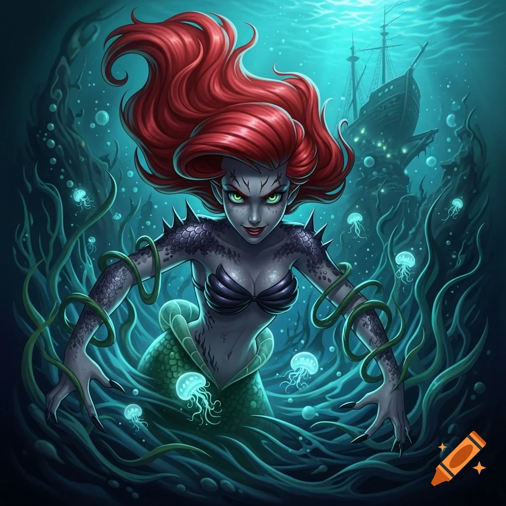 A dark, menacing mermaid with red hair, green eyes, and scales, surrounded by glowing jellyfish, seaweed, and a sunken ship.