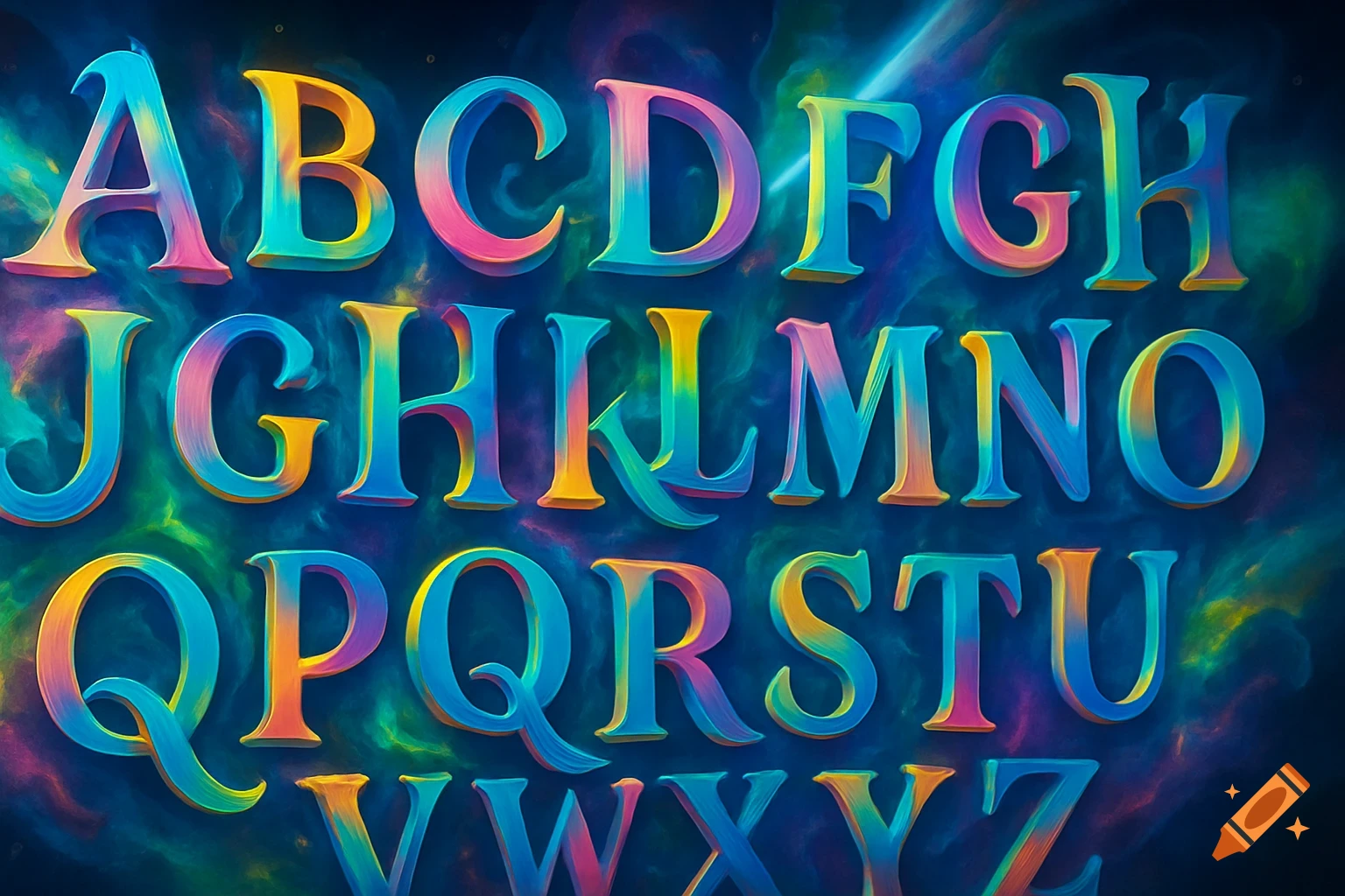 Colorful, 3D rendered uppercase English alphabet letters on a dark, ethereal background.