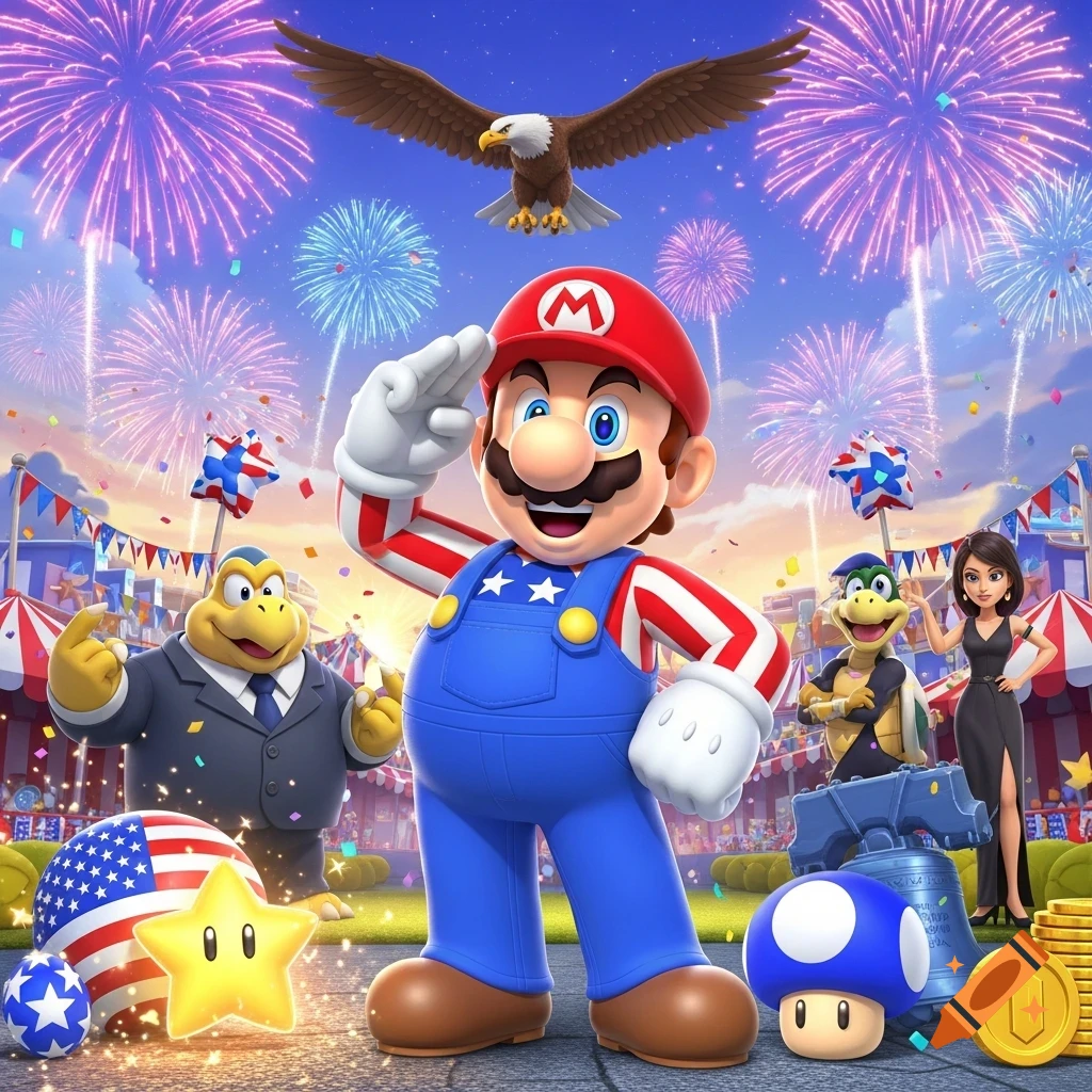 Cartoon Mario-like character in a patriotic stars and stripes outfit salutes in a festive fairground with fireworks and a bald eagle.