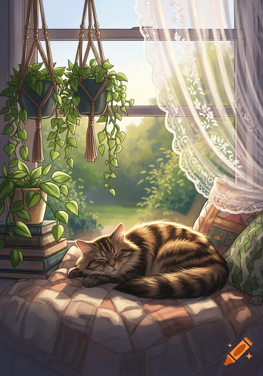 A striped tabby cat naps peacefully on a plaid cushion by a sunlit window, surrounded by green hanging plants.