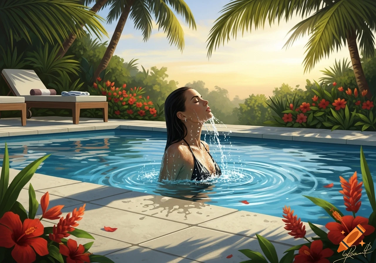 A woman with dark hair in a black bikini stands in a tropical pool, eyes closed, with water splashing on her face. Palm trees and red flowers surround the pool.