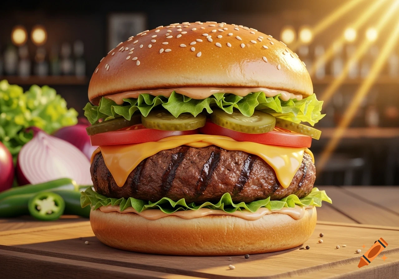 A photorealistic close-up of a delicious hamburger with cheese, lettuce, tomato, pickles, and sauce on a sesame bun, on a wooden board.
