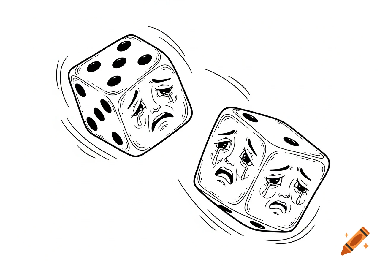 Two line art dice with sad human faces on their sides, depicted in mid-toss with motion lines, against a white background.