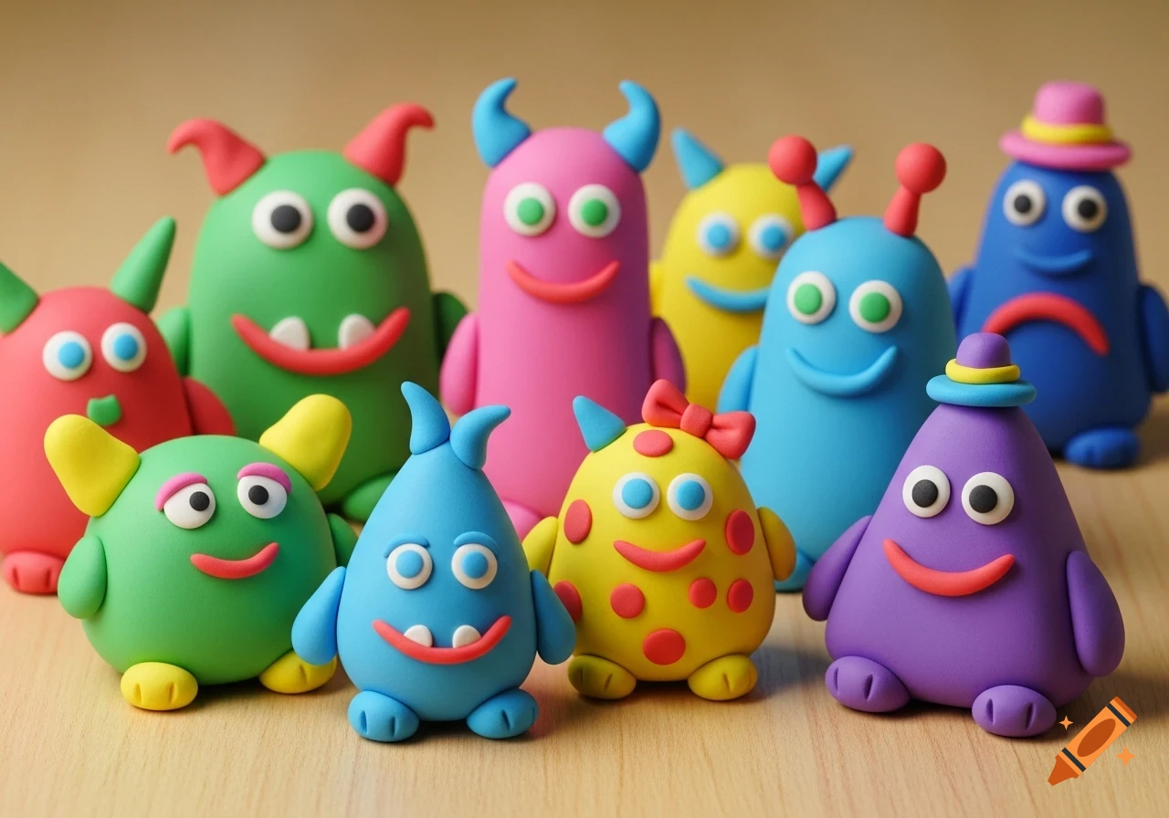A group of colorful, friendly clay monsters with different shapes and accessories, standing on a wooden surface.