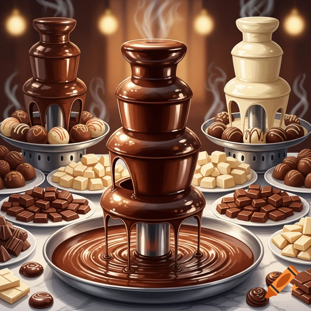 Three chocolate fountains, two dark chocolate and one white chocolate, surrounded by various chocolate candies and squares on a marble surface.