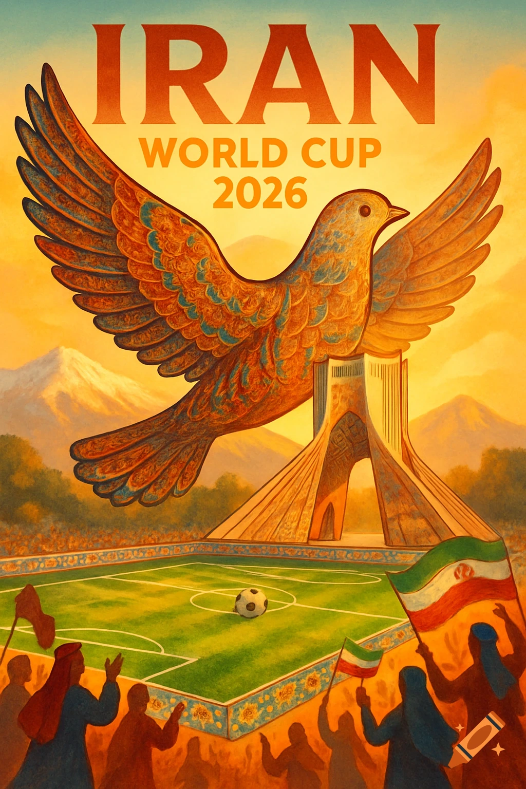 Vibrant poster: large bird over Azadi Tower, a football field, cheering fans with Iranian flags, and "IRAN WORLD CUP 2026" text.