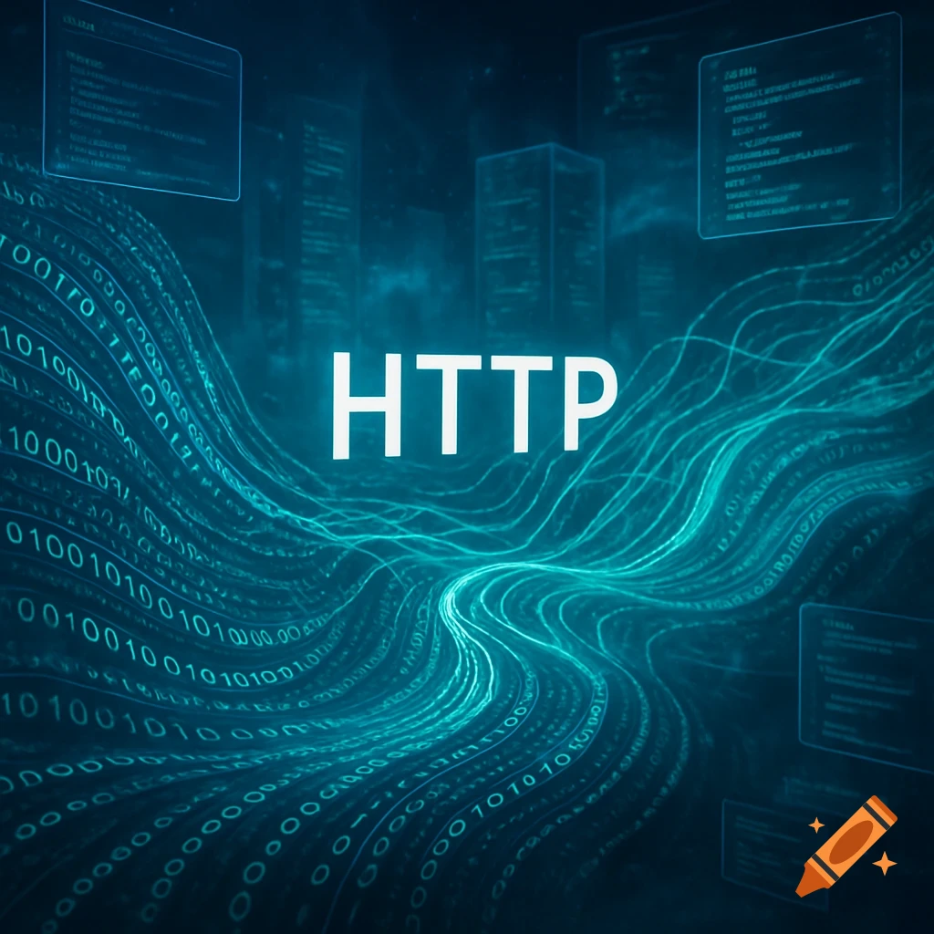 A glowing white 'HTTP' in the center of a dark blue digital landscape with flowing binary code and abstract city outlines.
