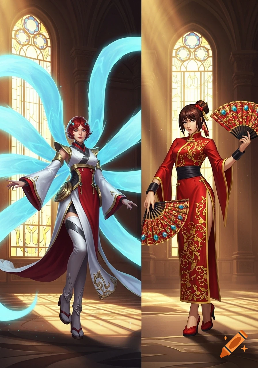 Two stylized female characters in anime style. One with red hair and blue tails, wearing a red and white outfit. The other in a red cheongsam holding fans.