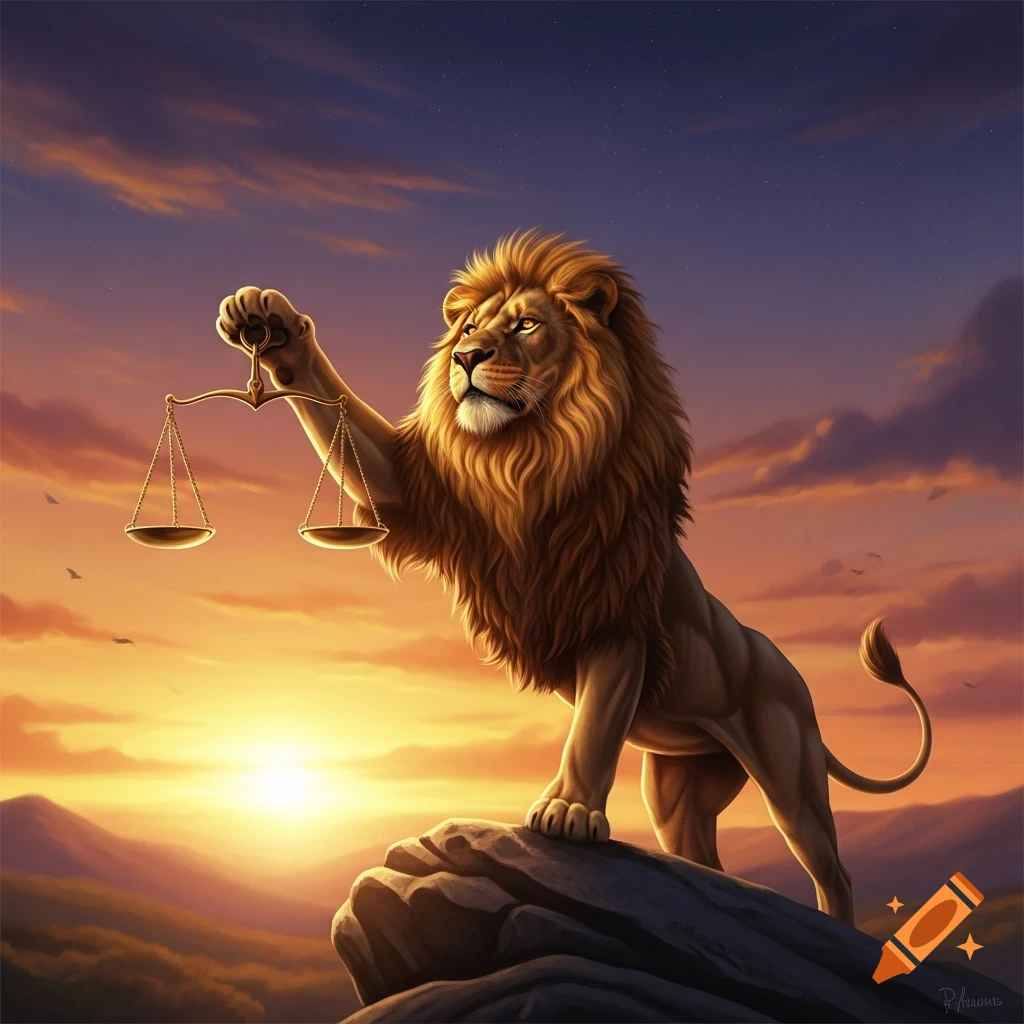 A majestic lion stands on a rock, holding golden scales high against a vibrant sunset sky in a fantasy illustration.