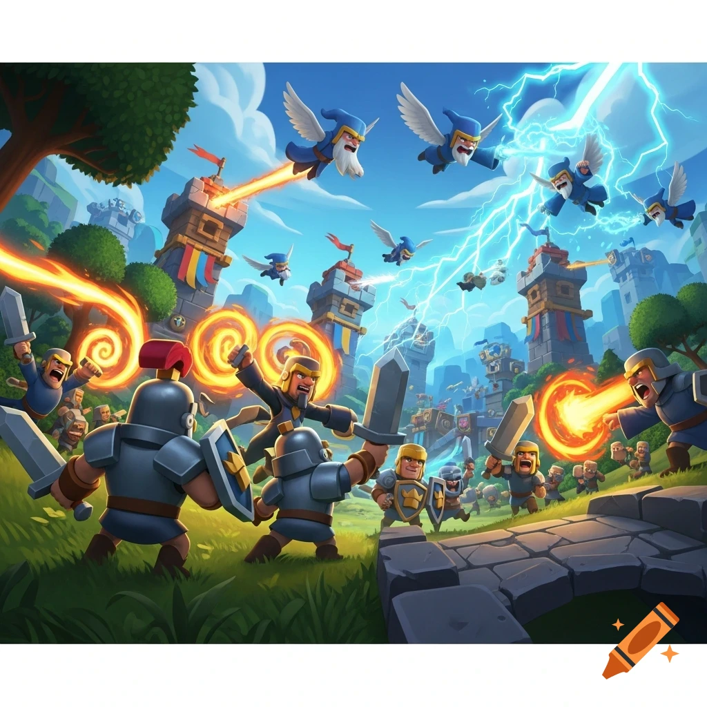 Cartoon fantasy battle scene with knights, wizards, and archers attacking a castle under a lightning sky.