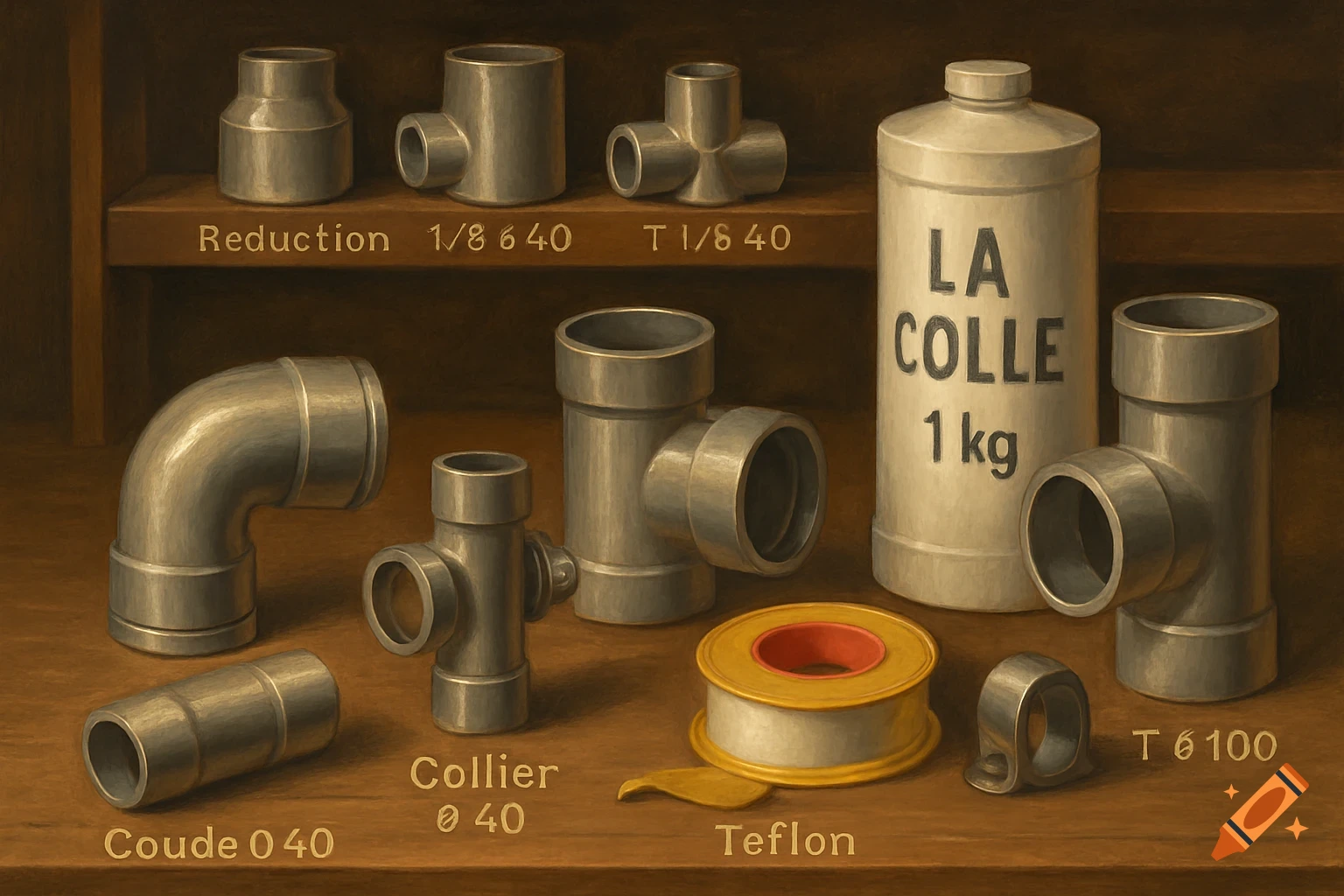 An assortment of plumbing pipes, fittings like elbows and T-junctions, a container of glue, and a roll of Teflon tape on wooden shelves, in a painted style.