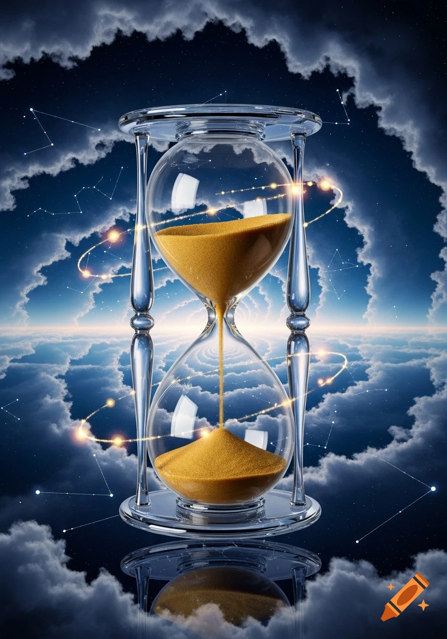 A photorealistic hourglass with sand flowing, surrounded by cosmic clouds, stars, and glowing light trails, with a clear reflection.