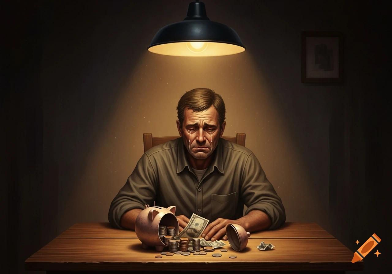 A man with a pained, crying face sits at a table under a single lamp, looking at a broken piggy bank and scattered money.